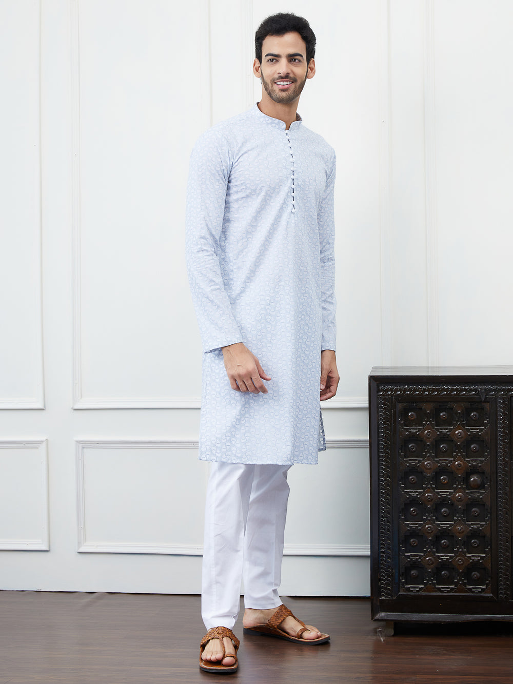 Embroidered Pure Cotton Straight Kurta with Pyjama – White