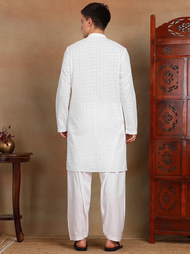 Men White Chikankari Embroidered Straight Kurta with Salwar