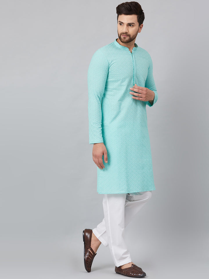 Lime Green Chikankari Embroidered Woven Design Straight Kurta With Pyjama