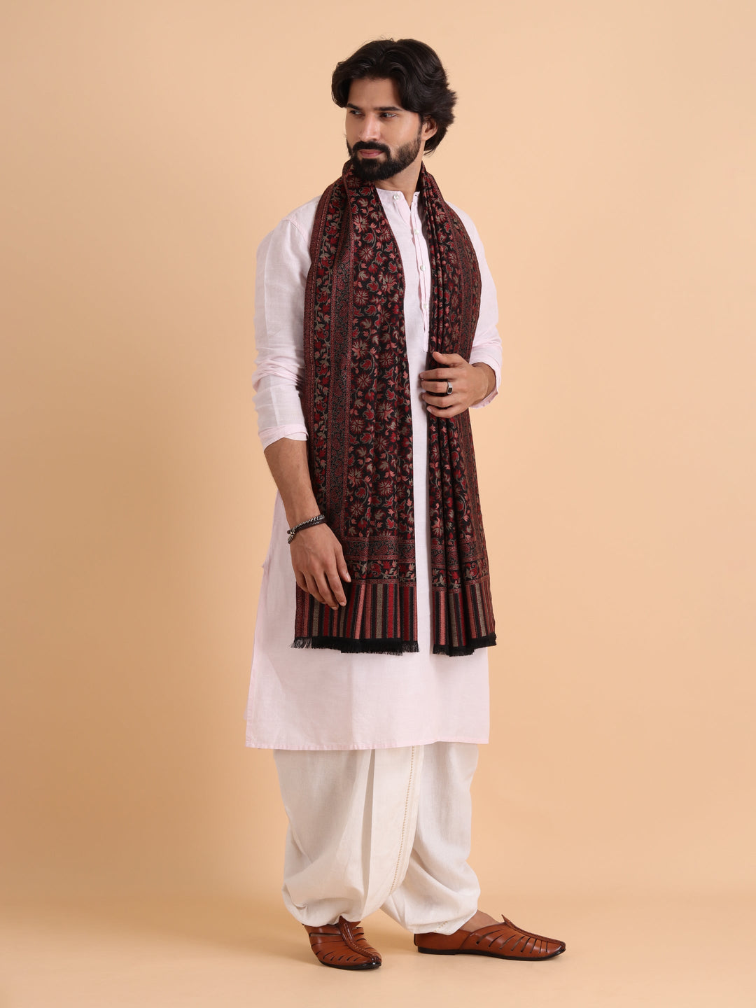 Tweedle Men’s Traditional Kani Shawl for Winters - Black, Size - 40 x 80 inches