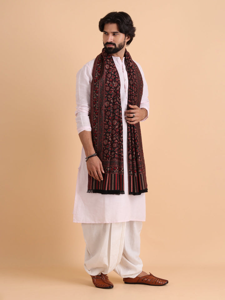 Tweedle Men’s Traditional Kani Shawl for Winters - Black, Size - 40 x 80 inches