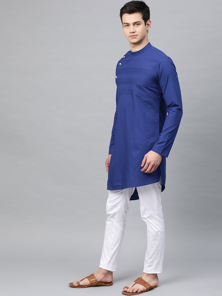 Royal Blue Solid Straight Kurta With Yoke Thread Work With Kurta Pyjama