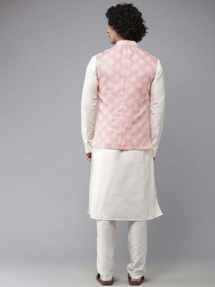 Men Coral & White Woven Jacquard Nehru jacket