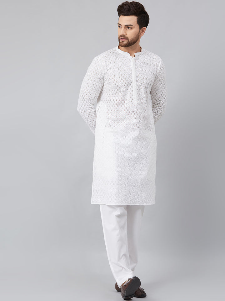 White Green Chikankari Embroidered Woven Design Straight Kurta With Pyjama