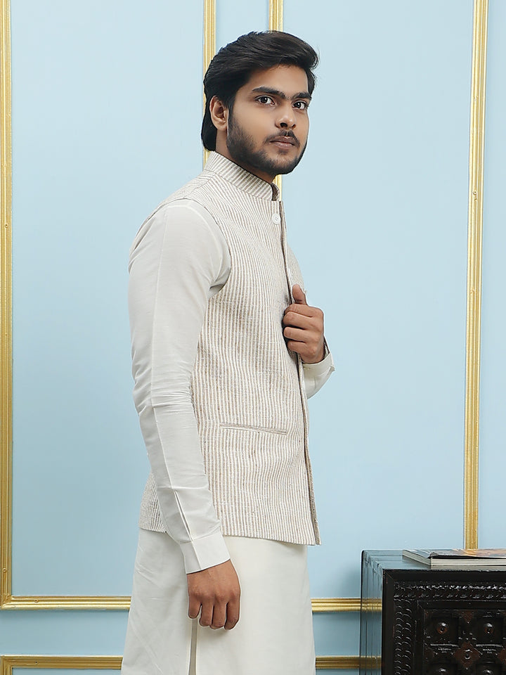 Pure Silk Straight Kurta & Pyjama Set with Handwoven Nehru Jacket