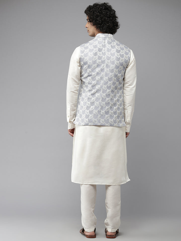 Men Sky Blue & White Woven Jacquard Nehru jacket