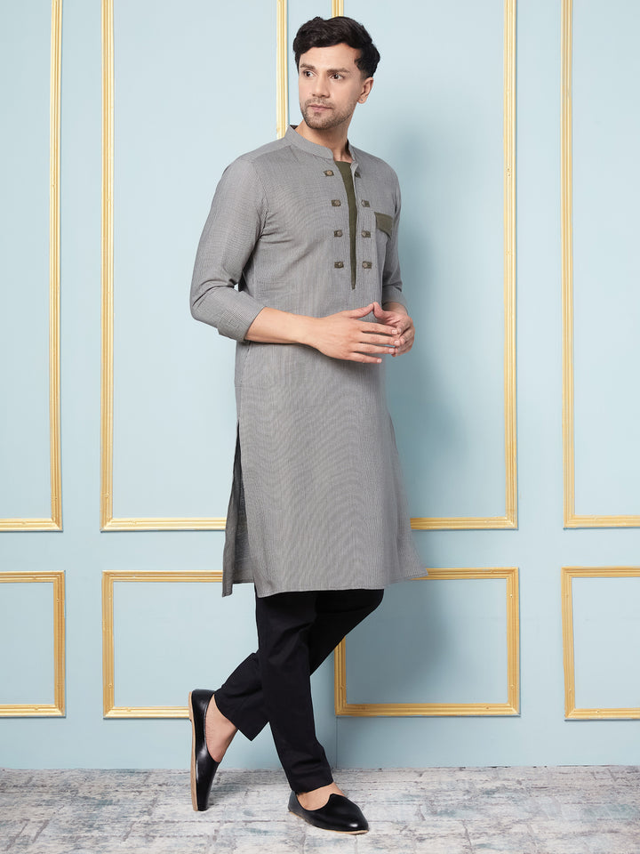 Grey Woven Straight Kurta With Pyjama