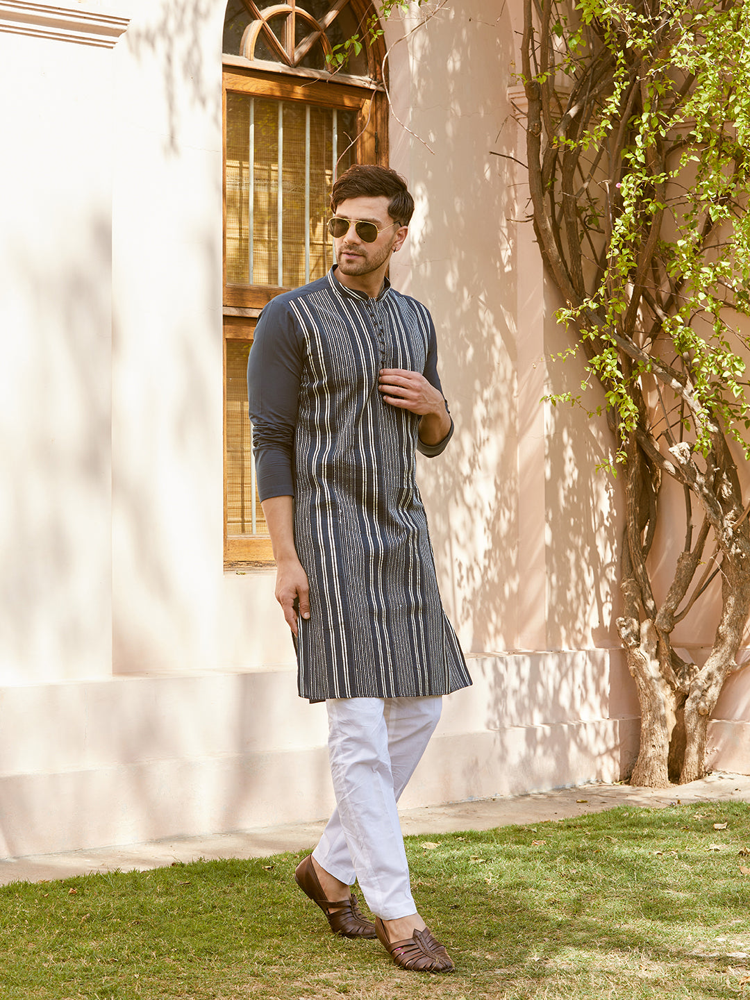 Gota Strips and Sequins Embroidered Pure Cotton Straight Kurta with Pyjama