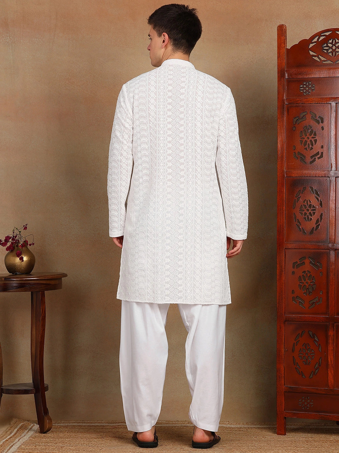 White Chikankari Embroidered Straight Kurta Paired with Salwar