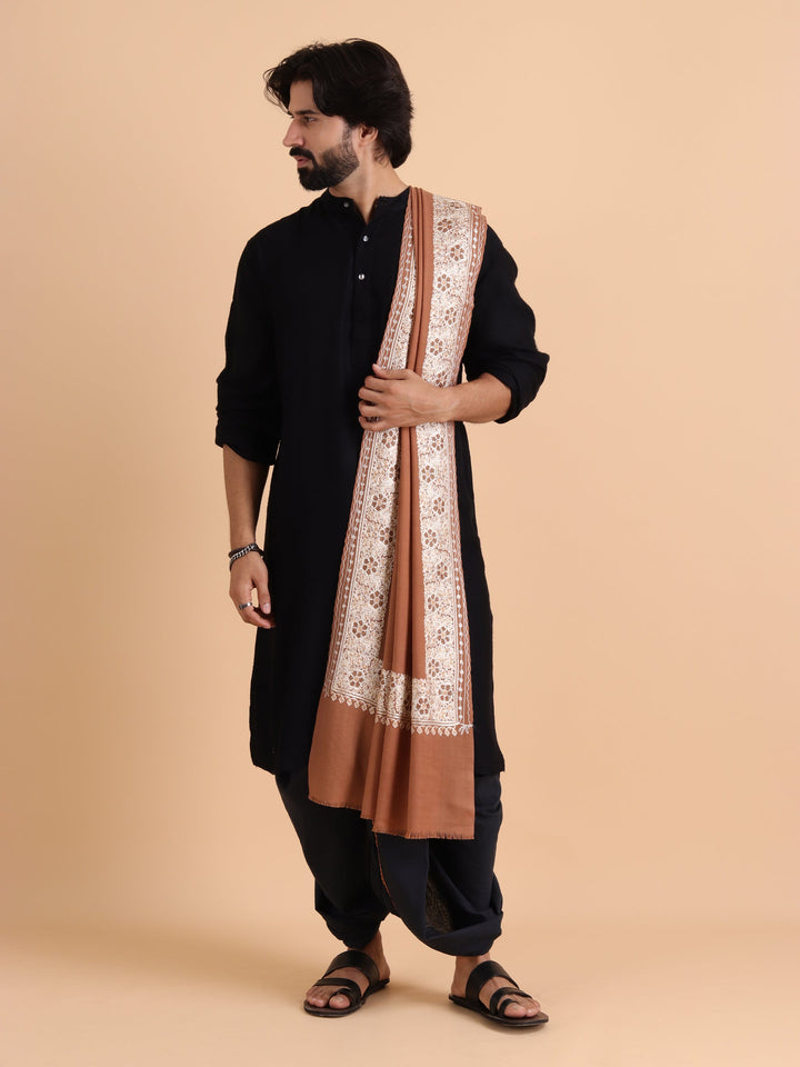 Tweedle Fine Wool Aari Embroidery Stole / Scarf for Men, Border Design with Stone Work - Beige