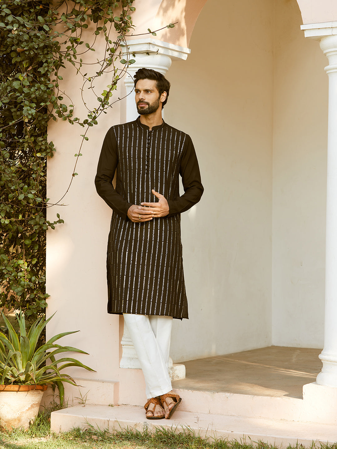 Sequins Embroidered Pure Chanderi Silk Straight Kurta with Pyjama