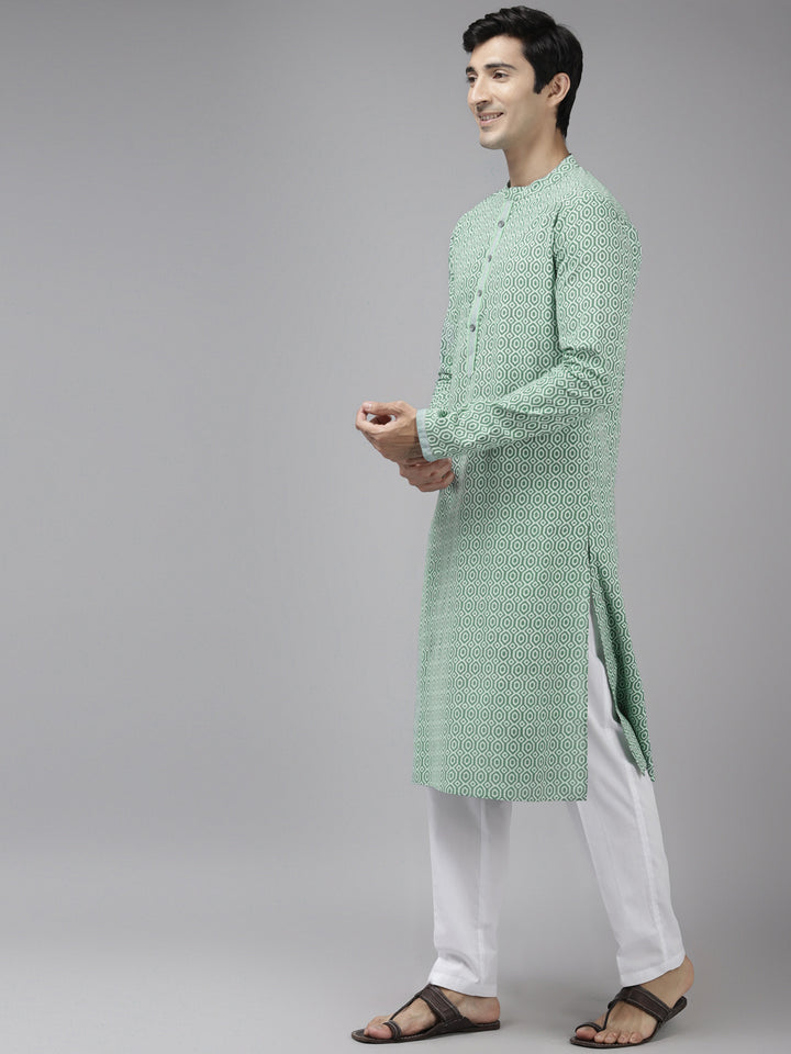 Men Green & White Printed Pure Cotton Straight Kurta With Pyjama