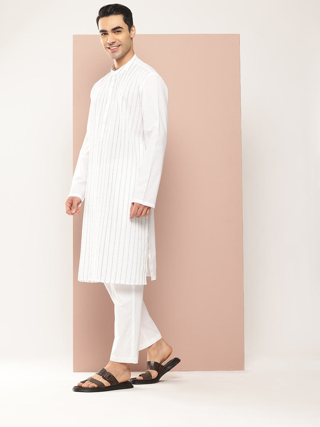Men's White Cotton Pintex Design Threadwork Kurta
