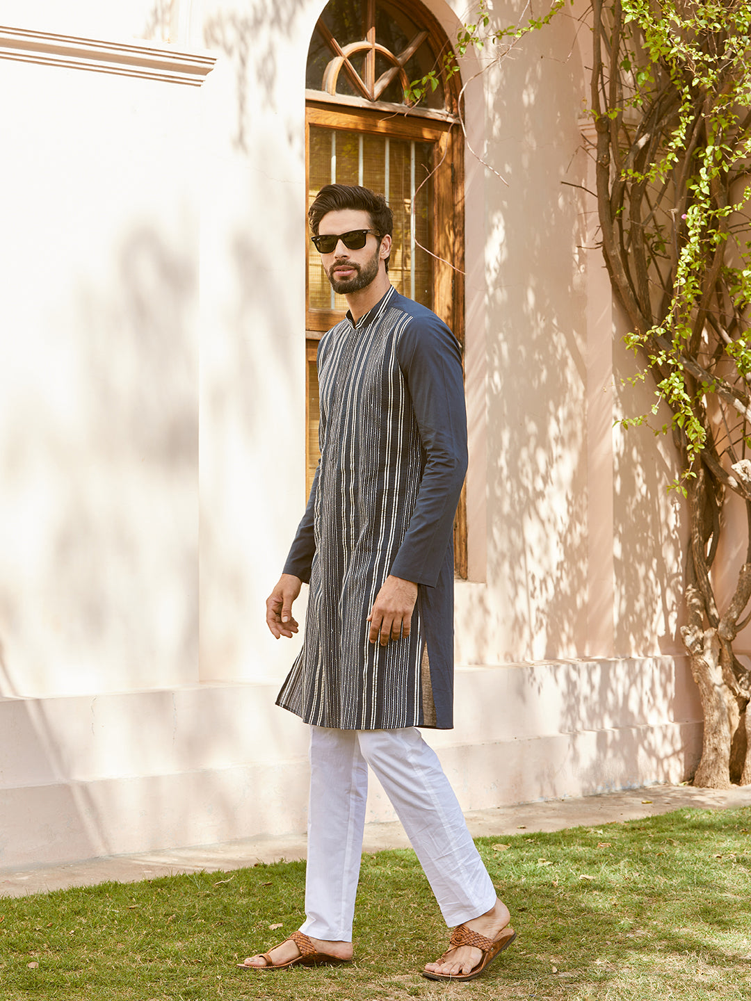 Gota Strips and Sequins Embroidered Pure Cotton Straight Kurta with Pyjama