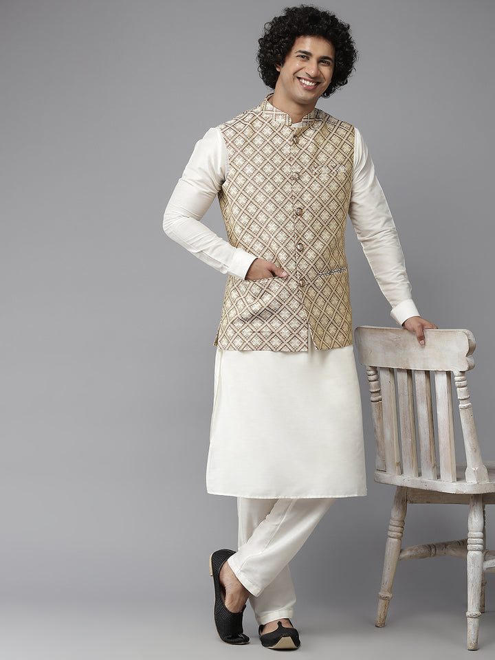 Men Gold & White Woven Jacquard Nehru jacket