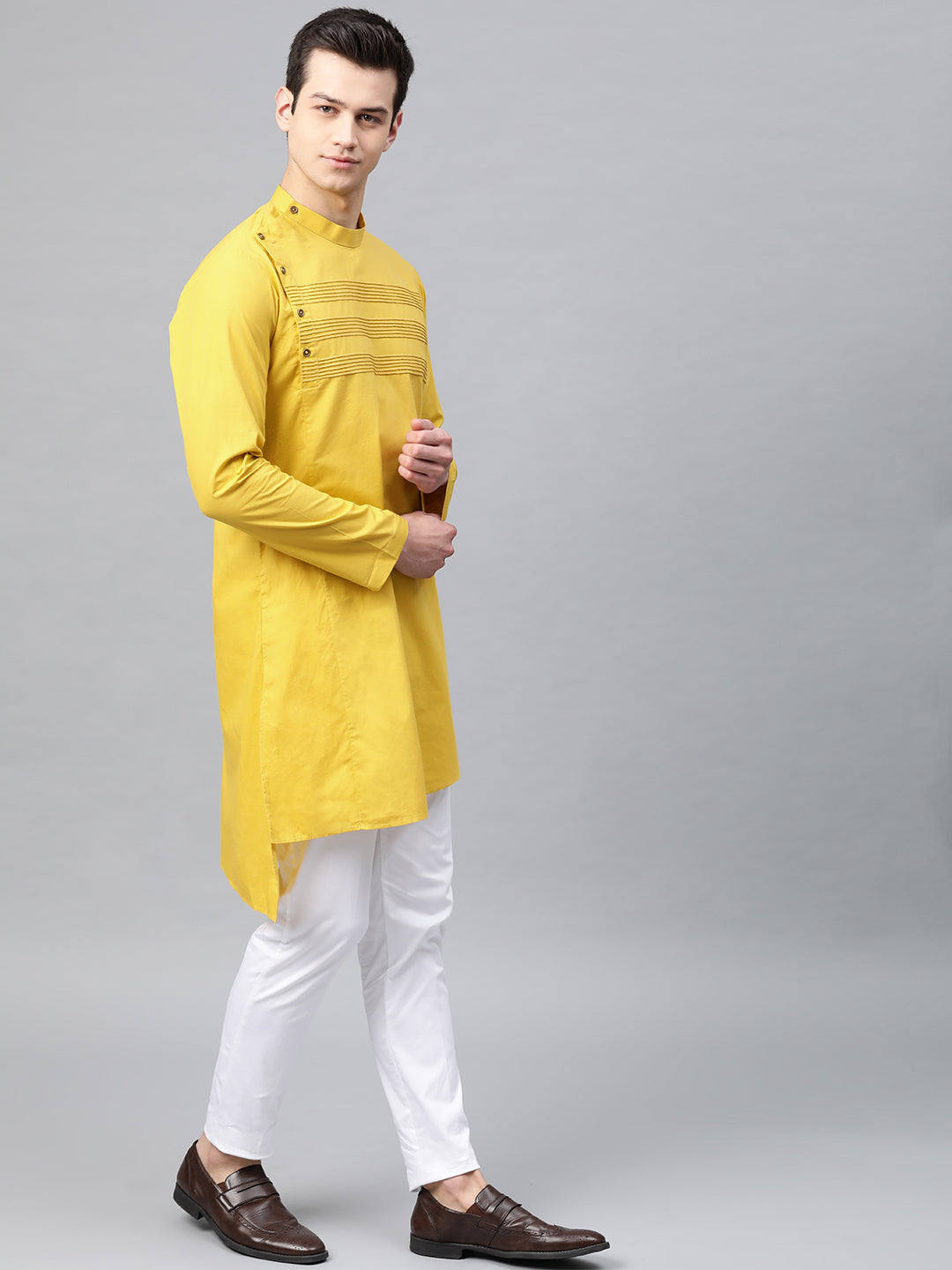 Mustard Solid Straight Kurta With Yoke Thread Work With Kurta Pyjama