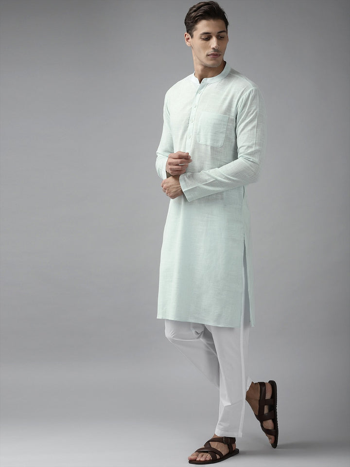 Men Sky Blue Cotton Slub Straight Kurta with Pyjama