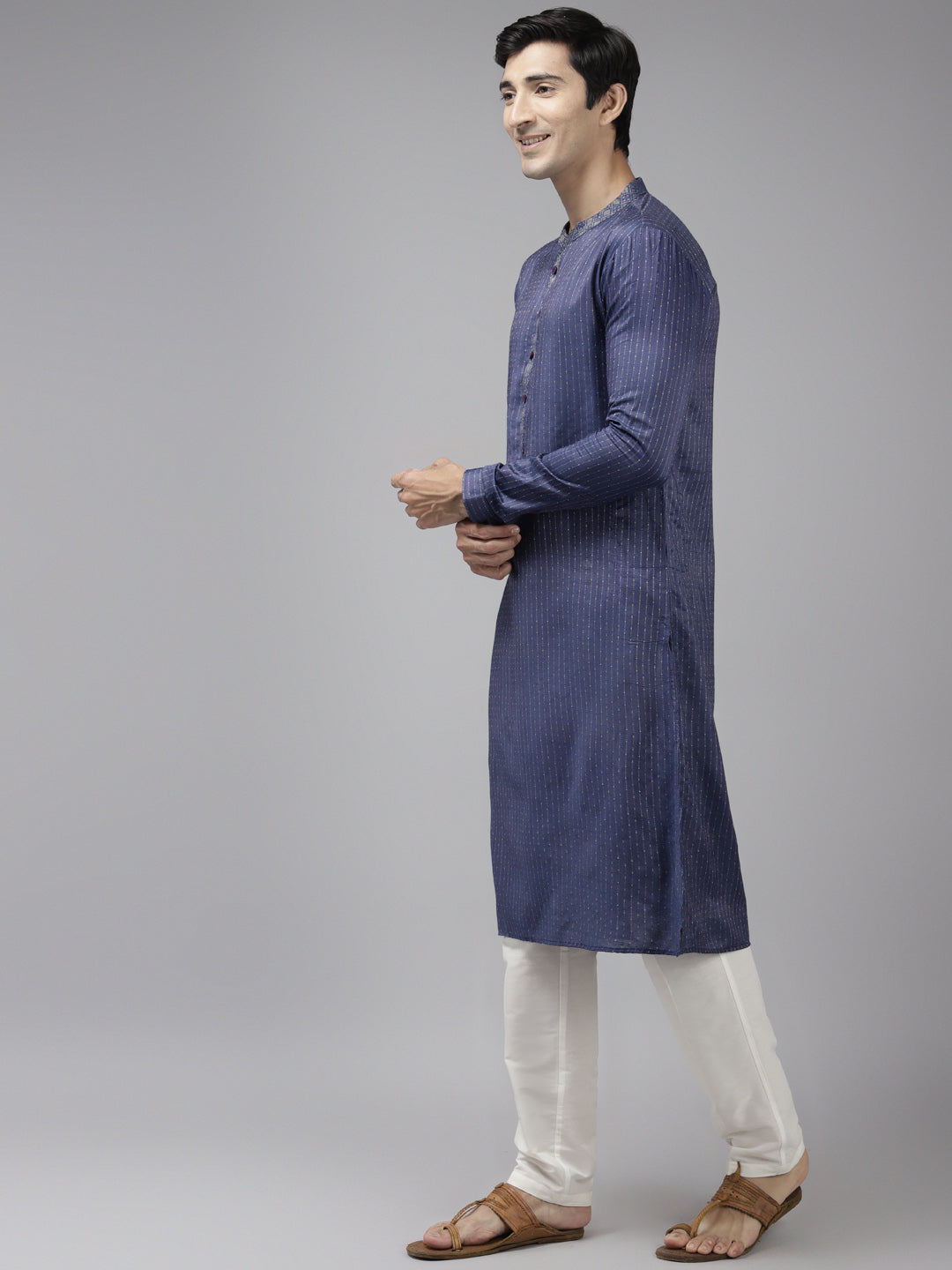Men Purple & Beige Woven Design Thread Work Kurta With Pyjama