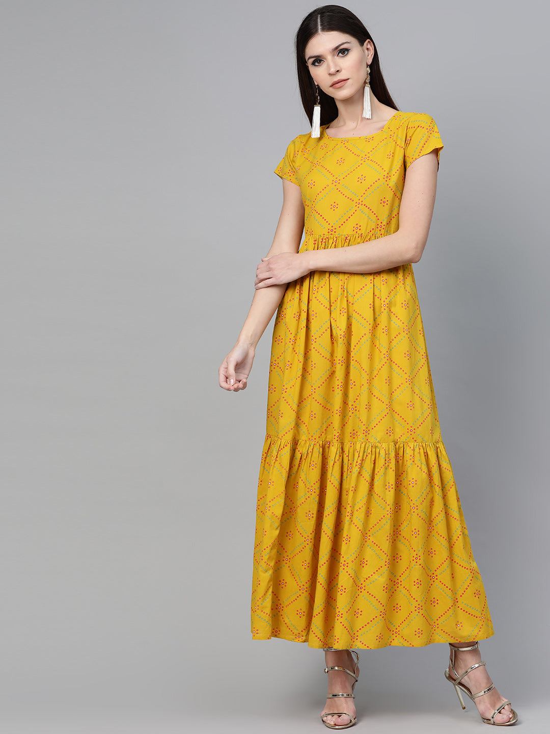 Mustard & Red Floral Printed Double Layered Maxi Dress