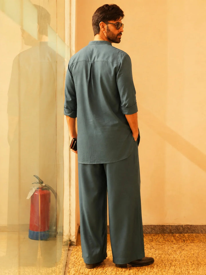 Men's Gray Rayon Solid Pathani Set