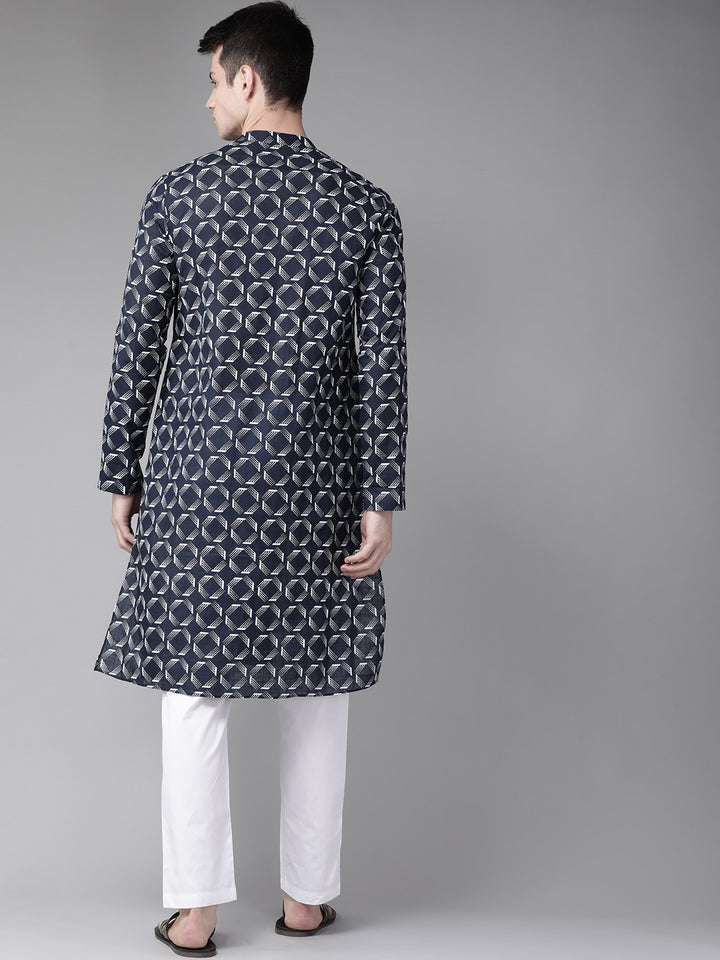 Men Navy Blue And White Printed Straight Kurta