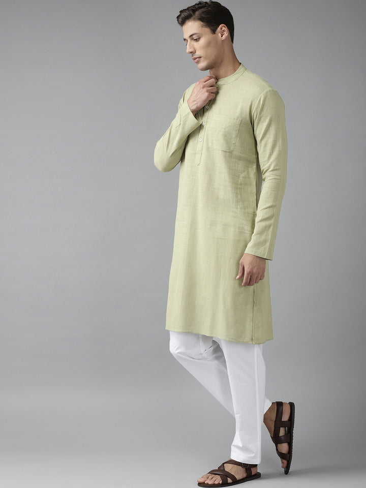 Men Green Cotton  Straight Kurta with Slub Effect