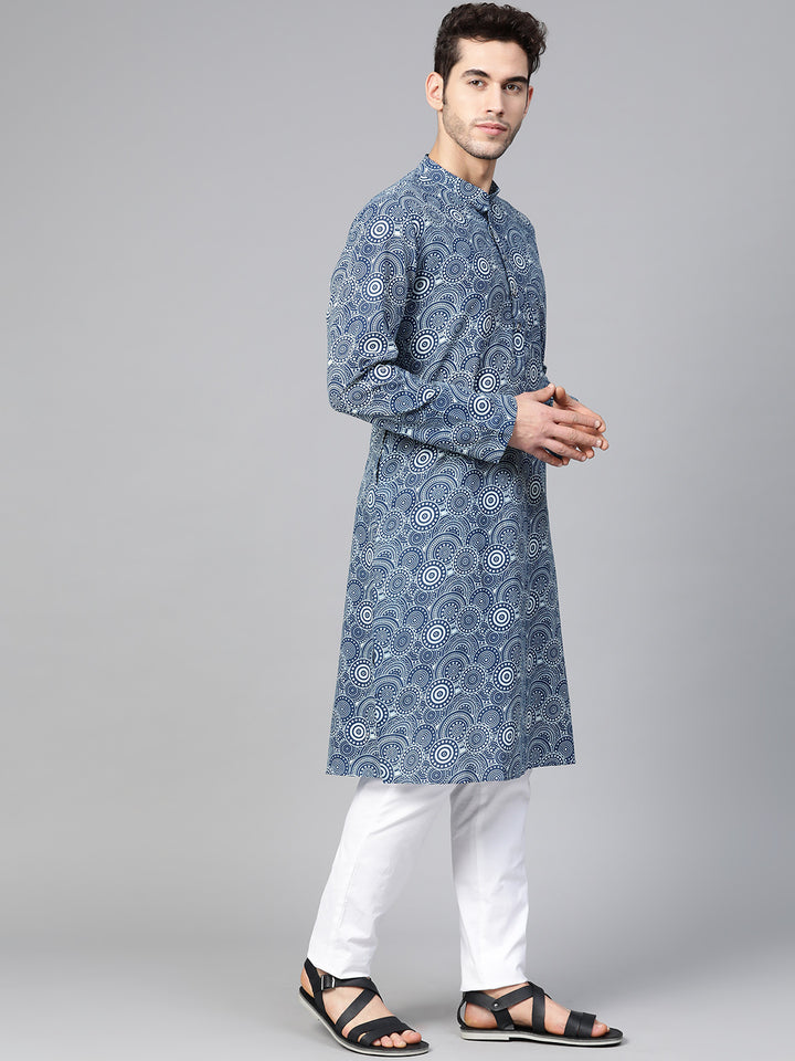 Men Blue Indigo Hand Block Print Straight Sustainable Kurta With Pyjama