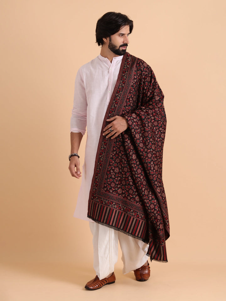 Tweedle Men’s Traditional Kani Shawl for Winters - Black, Size - 40 x 80 inches
