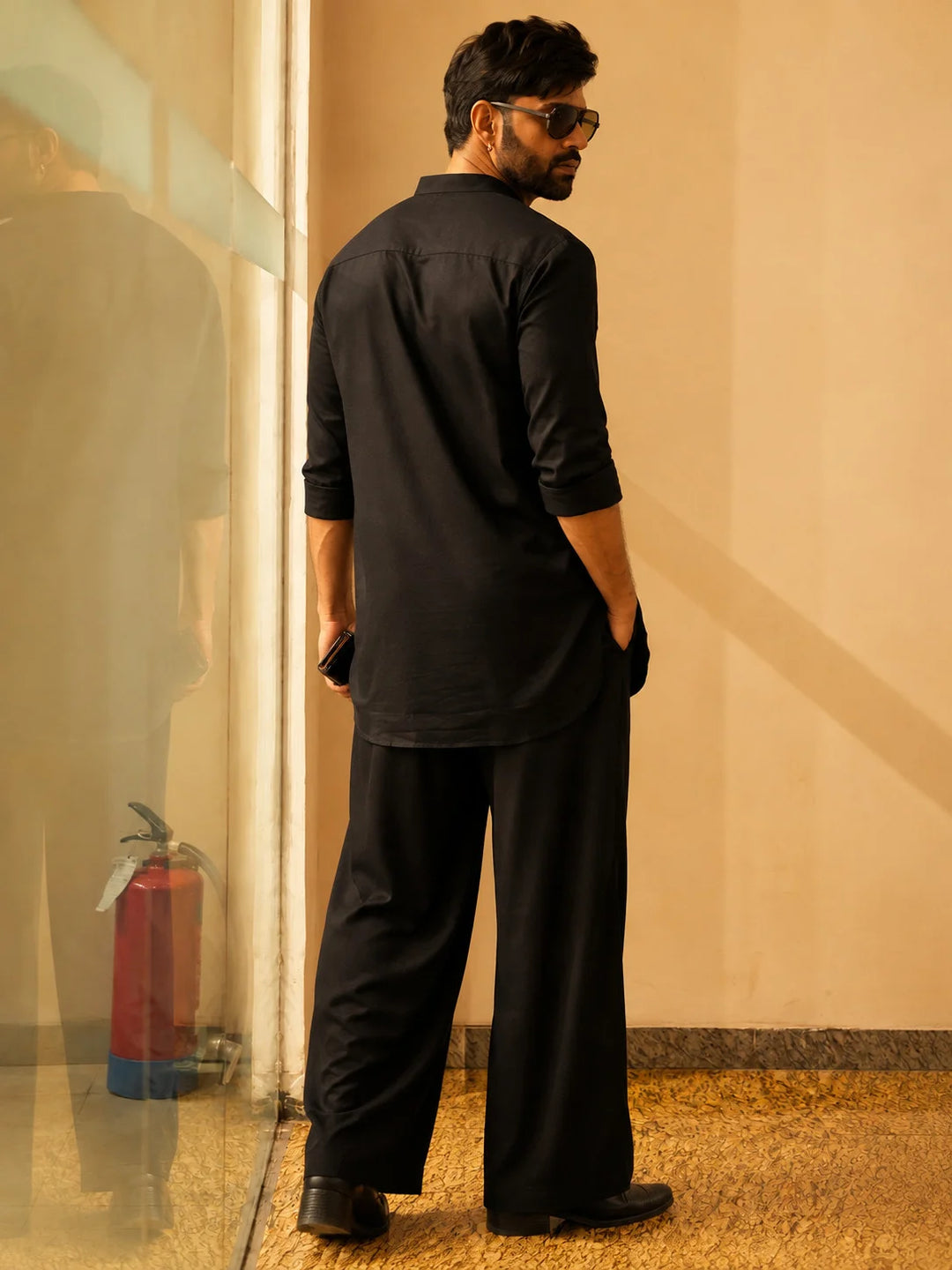 Men's Black Rayon Solid Pathani Set