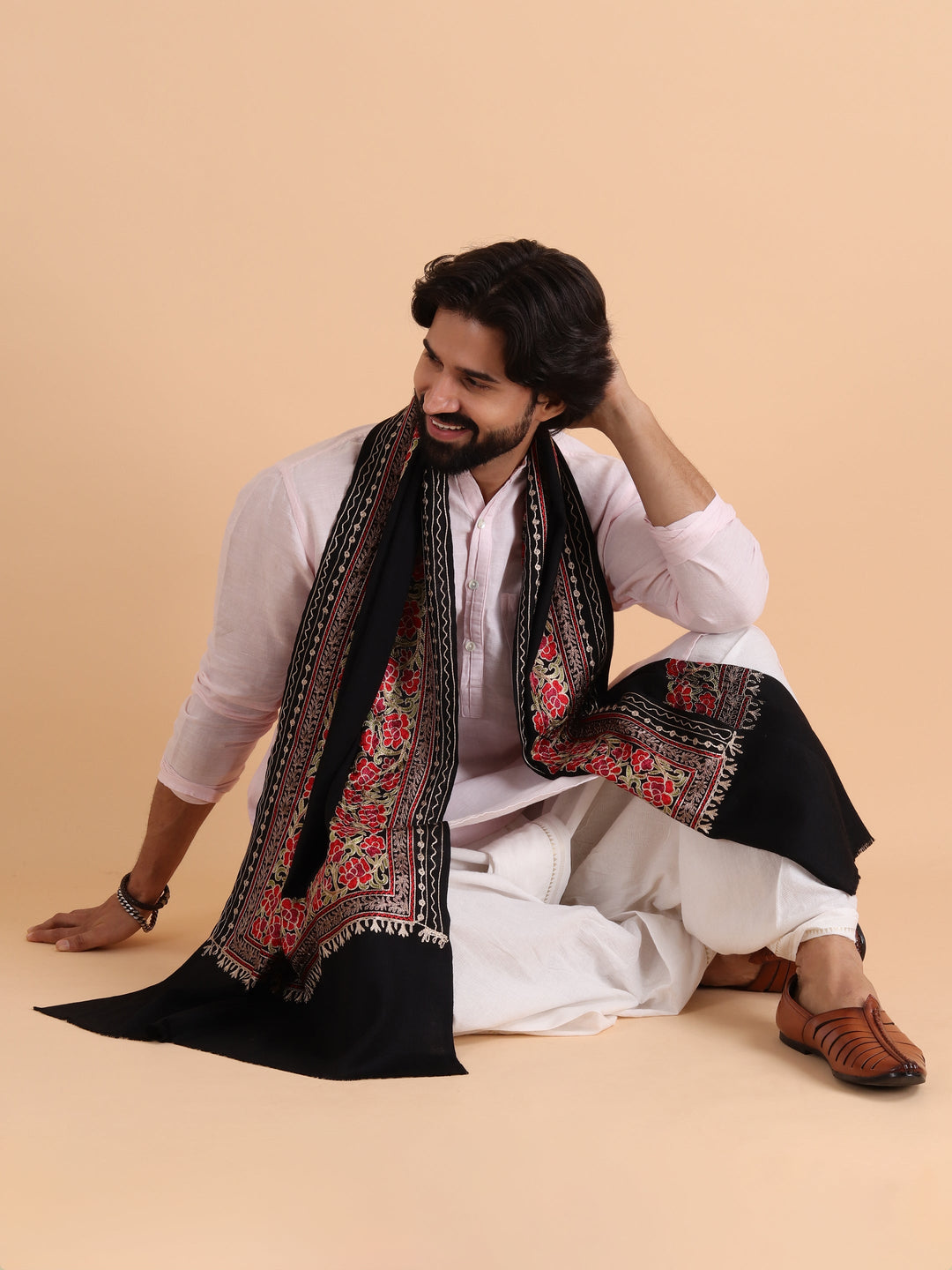 Tweedle Fine Wool Kashmiri Embroidery Stole / Scarf for Men, Black (Size-28x80)