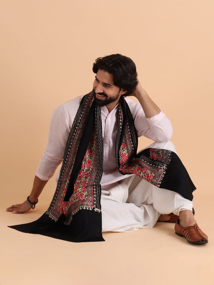 Tweedle Fine Wool Kashmiri Embroidery Stole / Scarf for Men, Black (Size-28x80)
