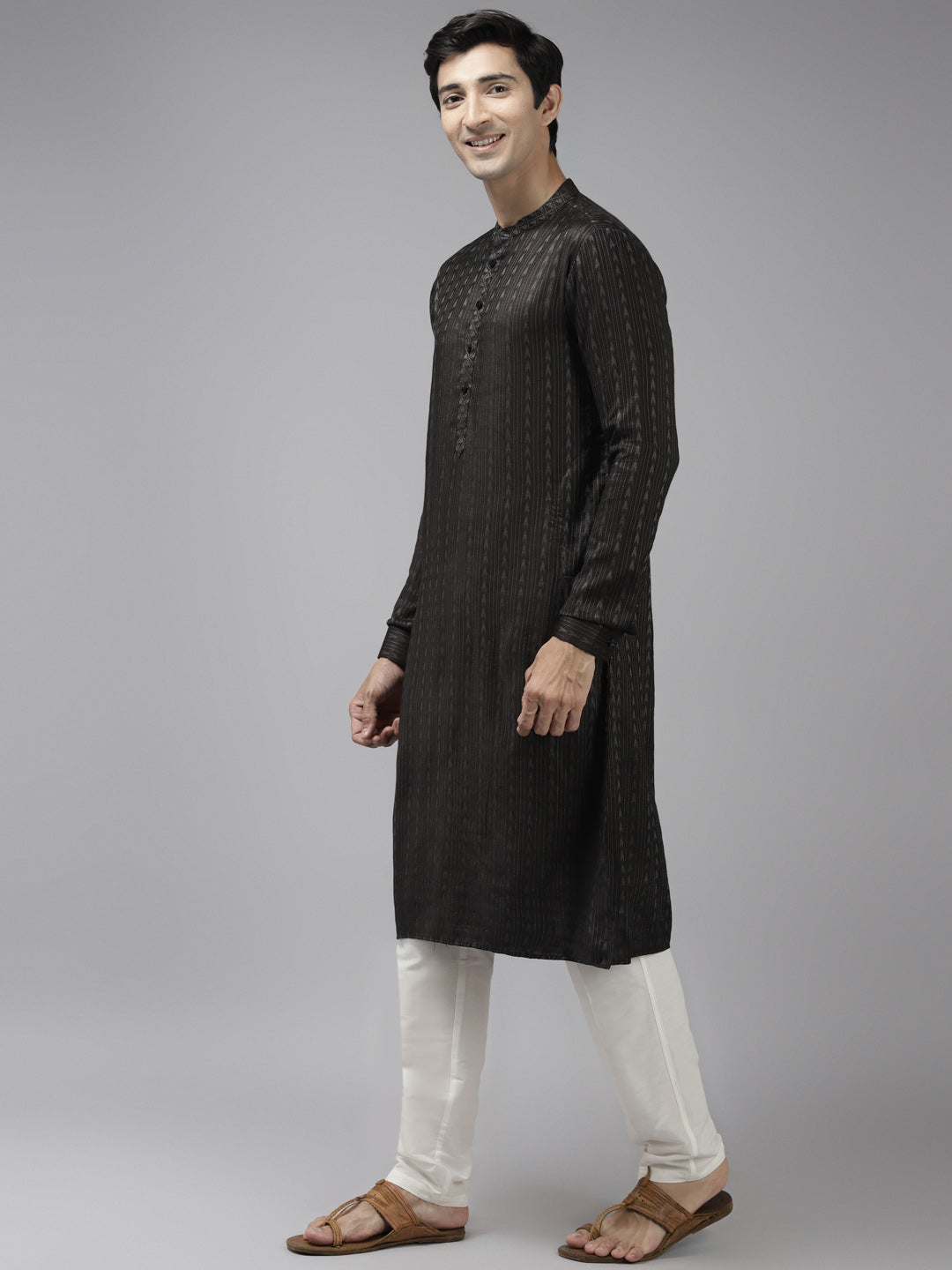 Men Olive & Beige Woven Design Thread Work Kurta With Pyjama