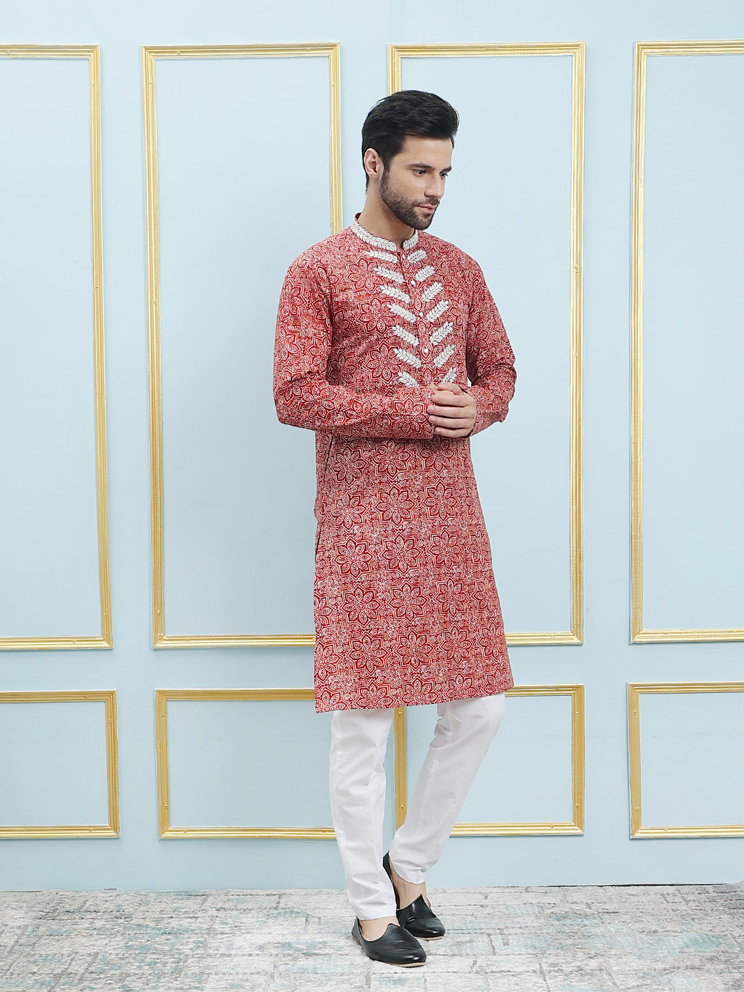 Printed Pure Cotton Straight Kurta with Embroidered Neck Design