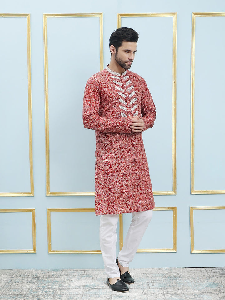 Printed Pure Cotton Straight Kurta with Embroidered Neck Design