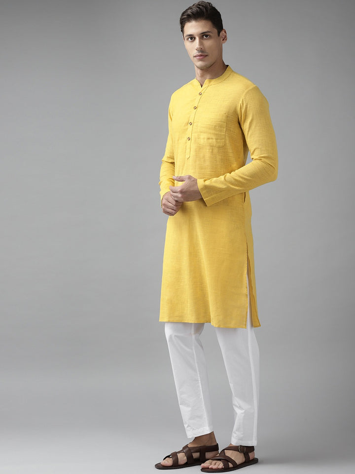 Men Yellow  Cotton  Straight Kurta with Slub Effect