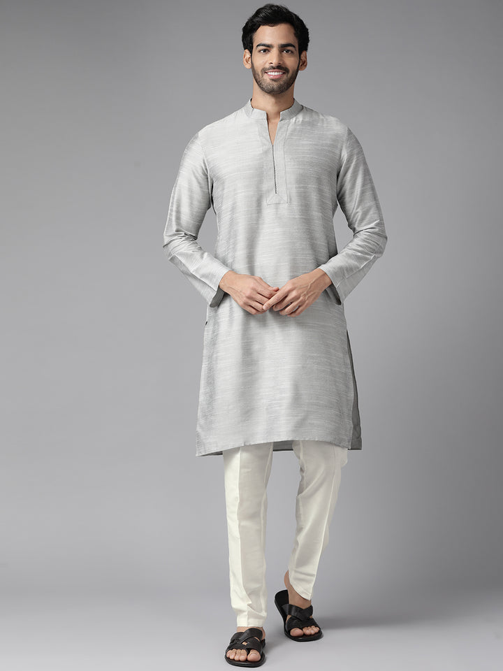 Men Grey Cotton Slik Straight Kurta With Pyjama
