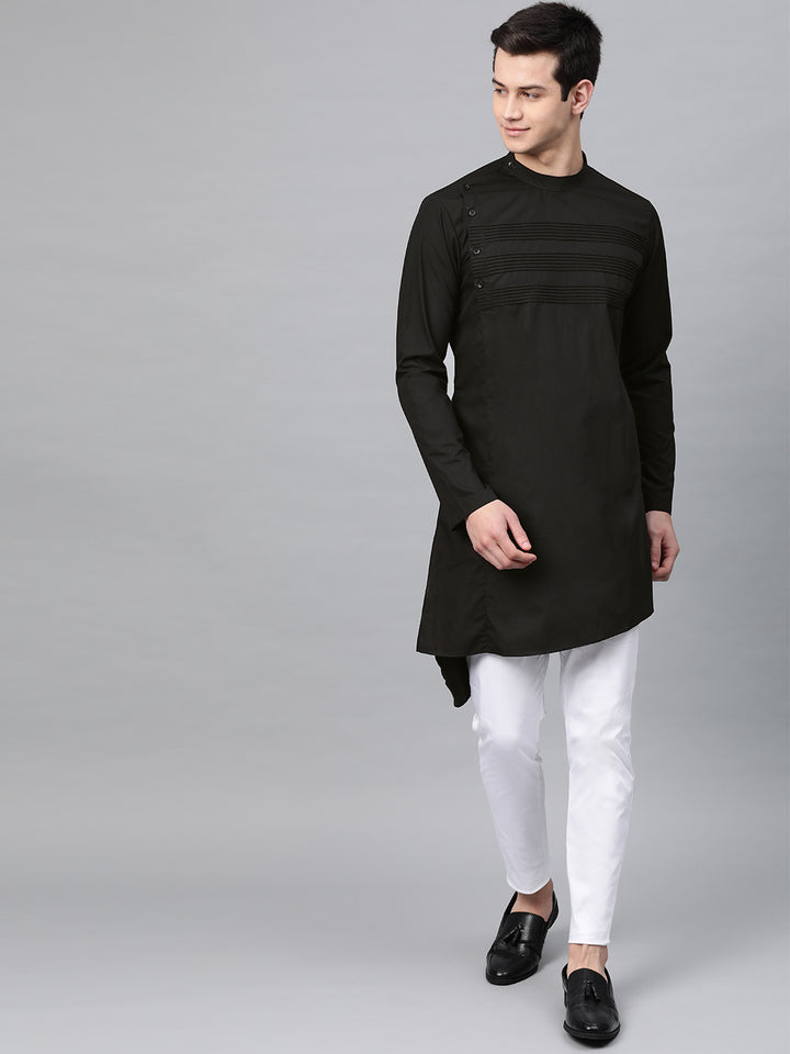 Black Solid Straight Kurta With Yoke Thread Work With Kurta Pyjama