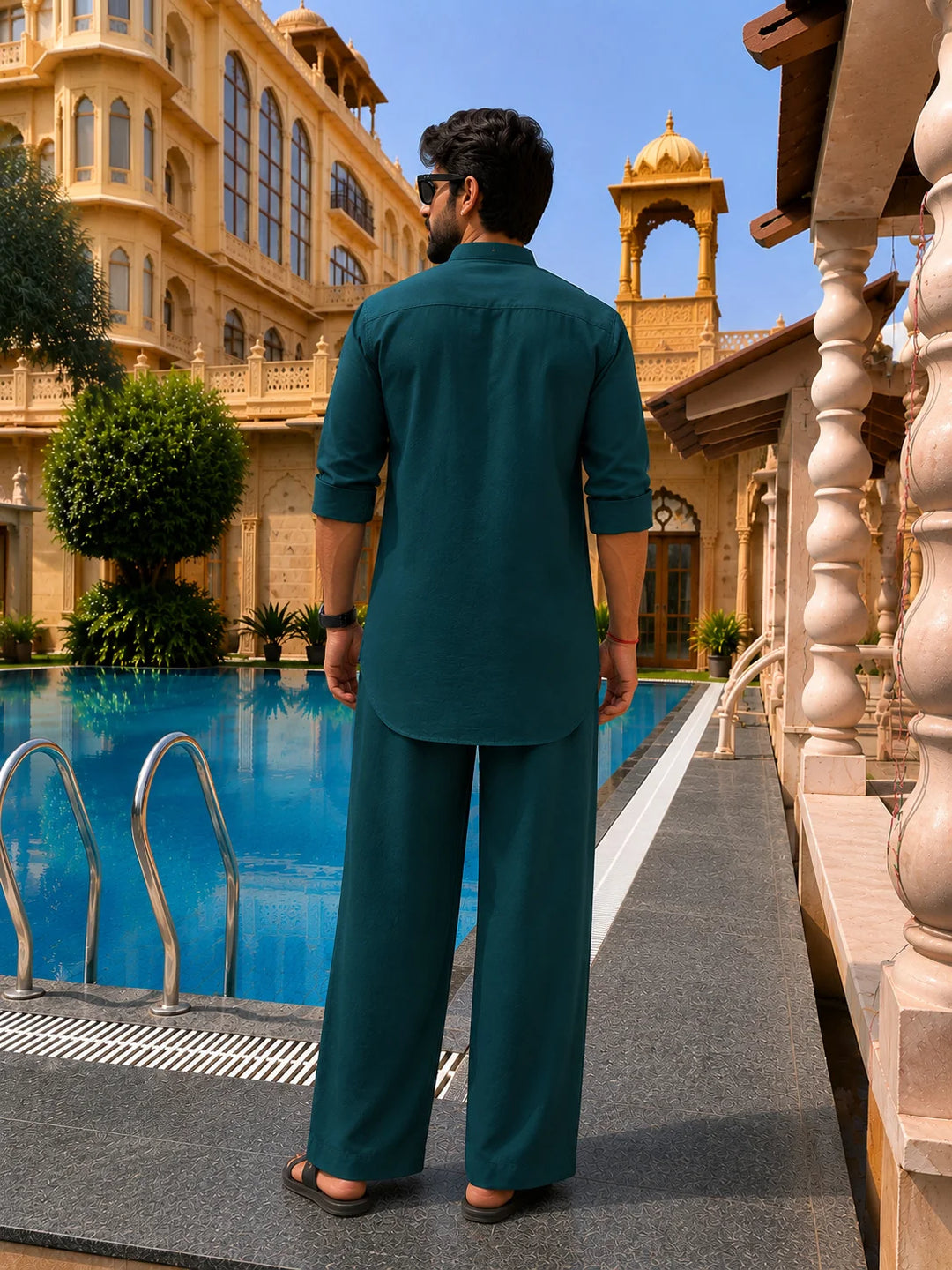 Men's Green Rayon Solid Pathani Set