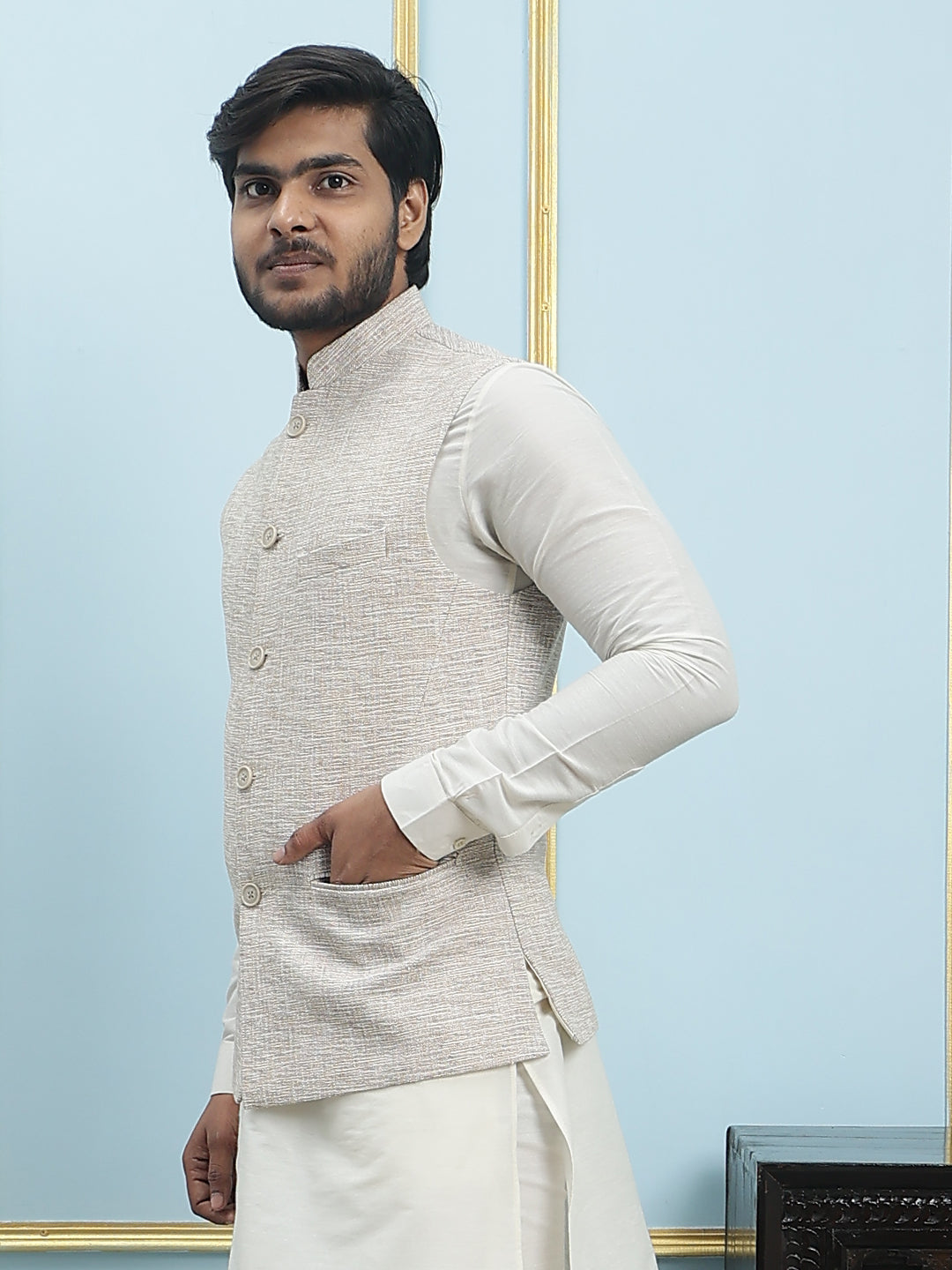 Pure Silk Straight Kurta & Pyjama Set with Handwoven Nehru Jacket