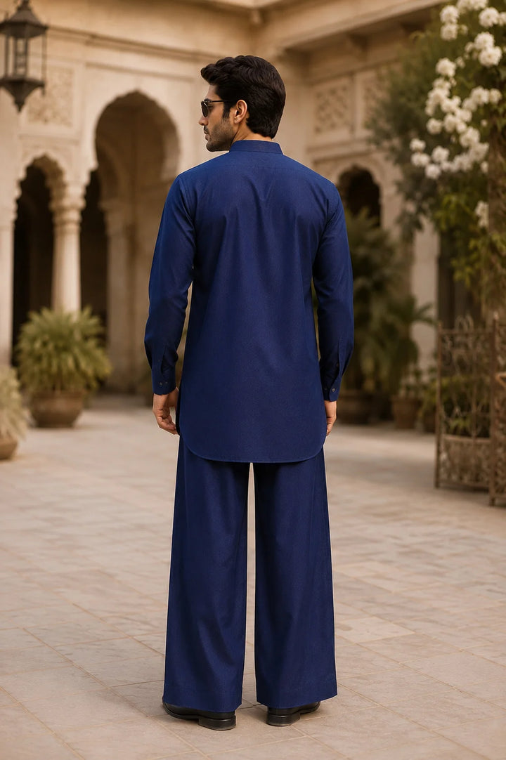 Men's Blue Rayon Solid Pathani Set