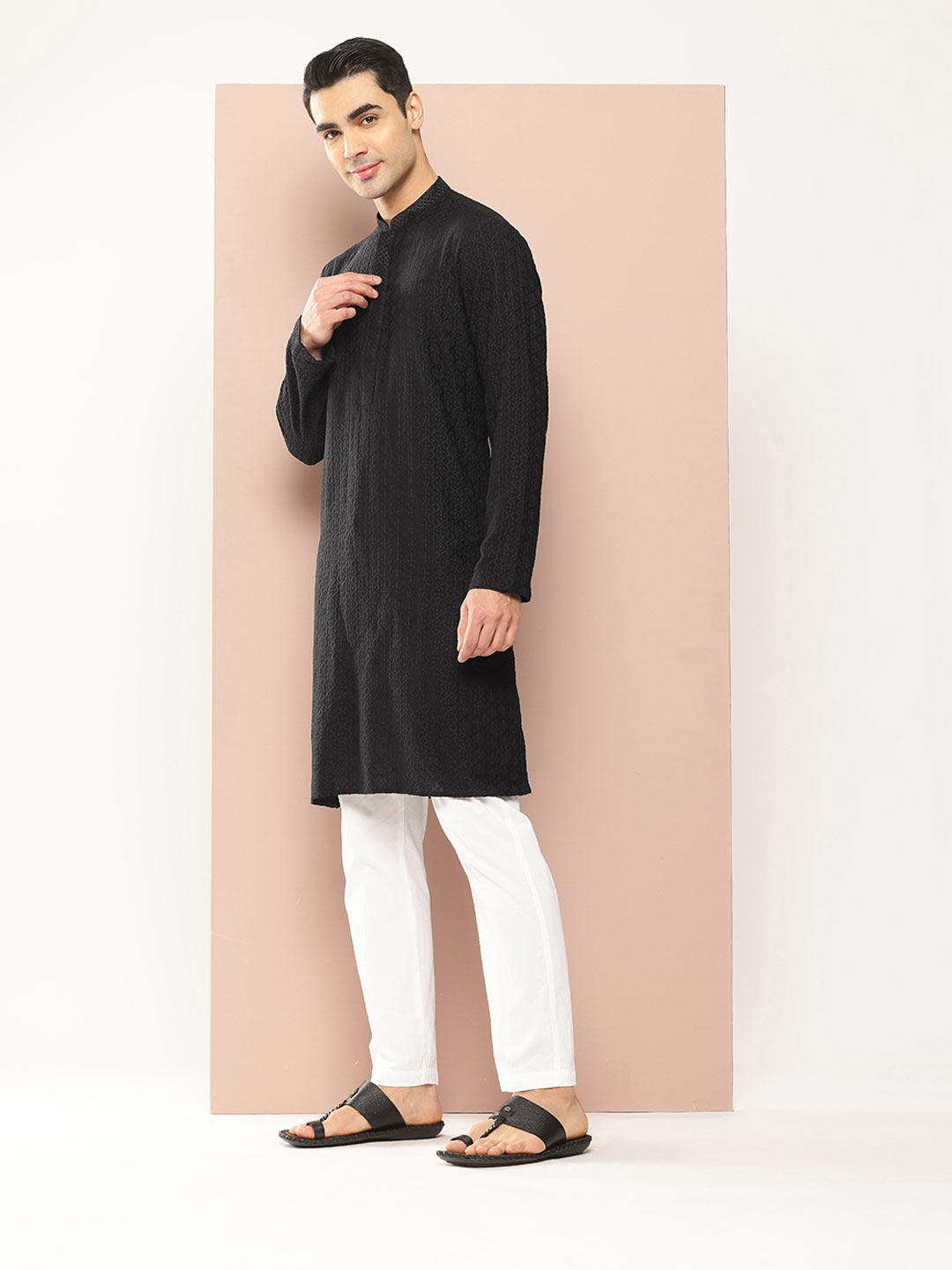 Men's Black Embroidered Threadwork & Sequined Chanderi Silk Straight Kurta