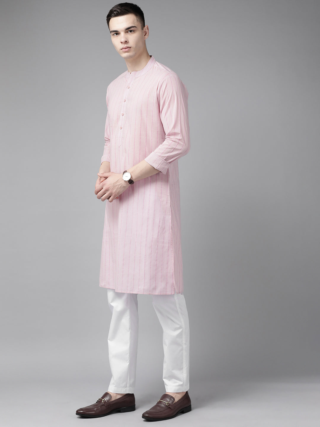 Men Pink & Maroon Stripe Printed Straight Kurta With Pyjama
