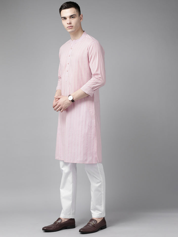 Men Pink & Maroon Stripe Printed Straight Kurta With Pyjama