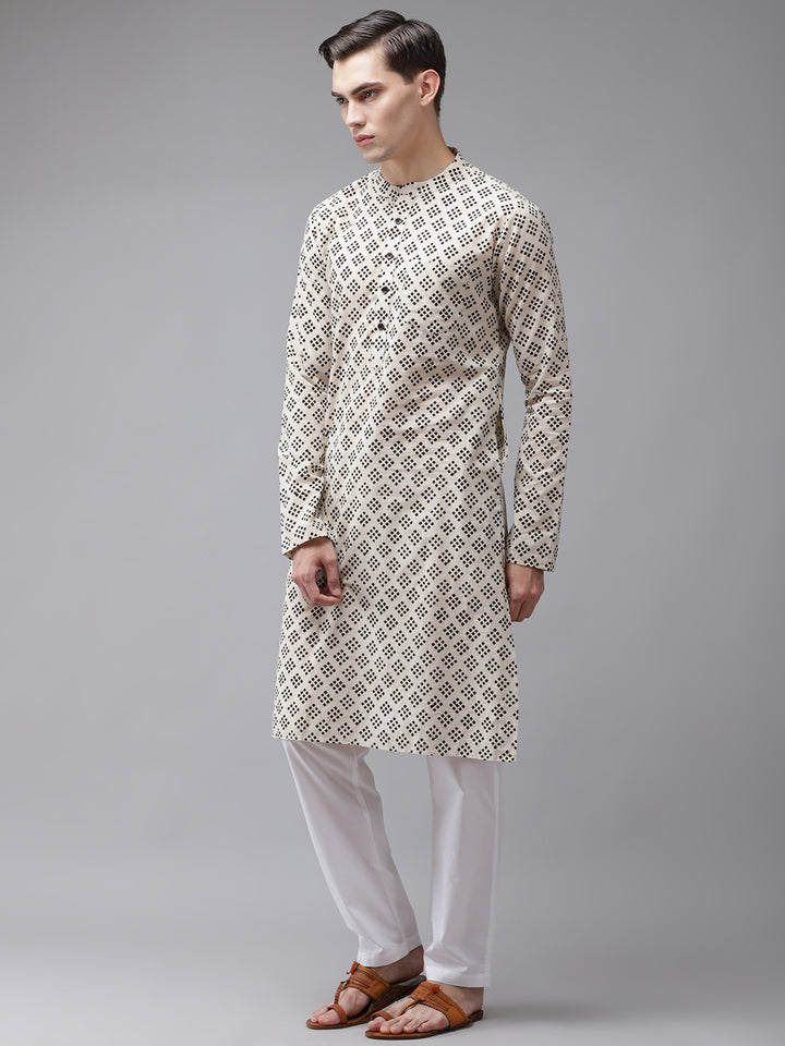 Men Beige And Black Hand Block Print Sustainable Straight With Kurta Pyjama