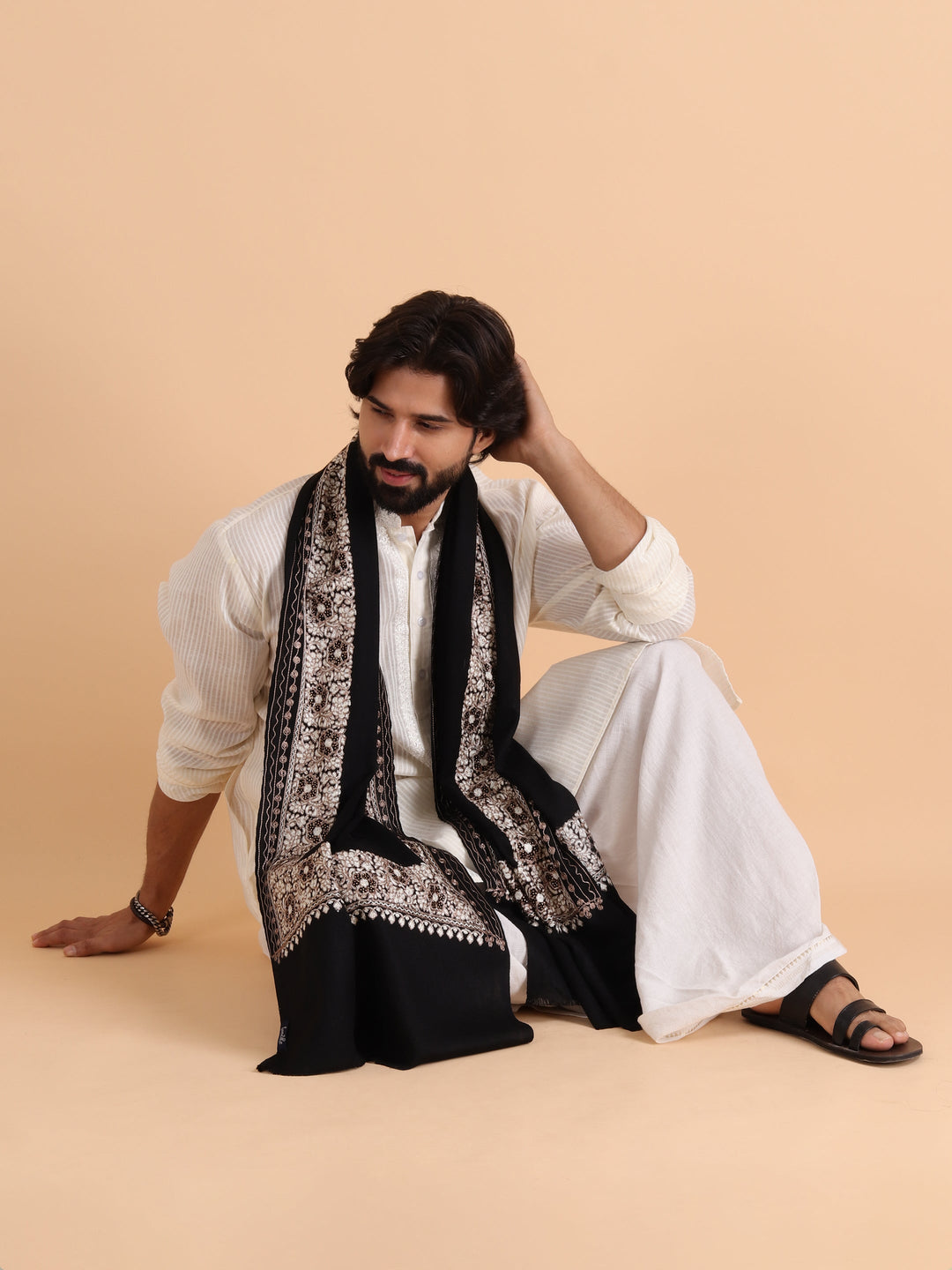 Tweedle Fine Wool Aari Embroidery Stole / Scarf for Men, Border Design with Stone Work - Black