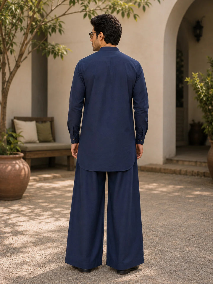 Men's Navy Blue Rayon Solid Pathani Set
