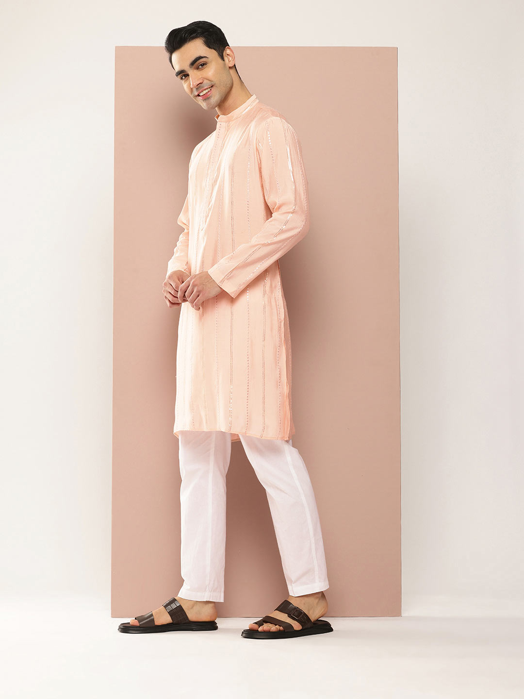 Men’s Light Pink Chanderi Silk Kurta with Embroidery and Sequins, Paired with Pyjama