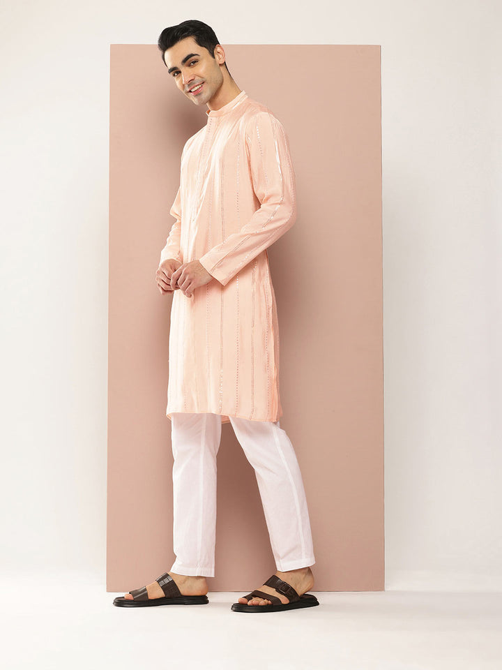 Men’s Light Pink Chanderi Silk Kurta with Embroidery and Sequins, Paired with Pyjama