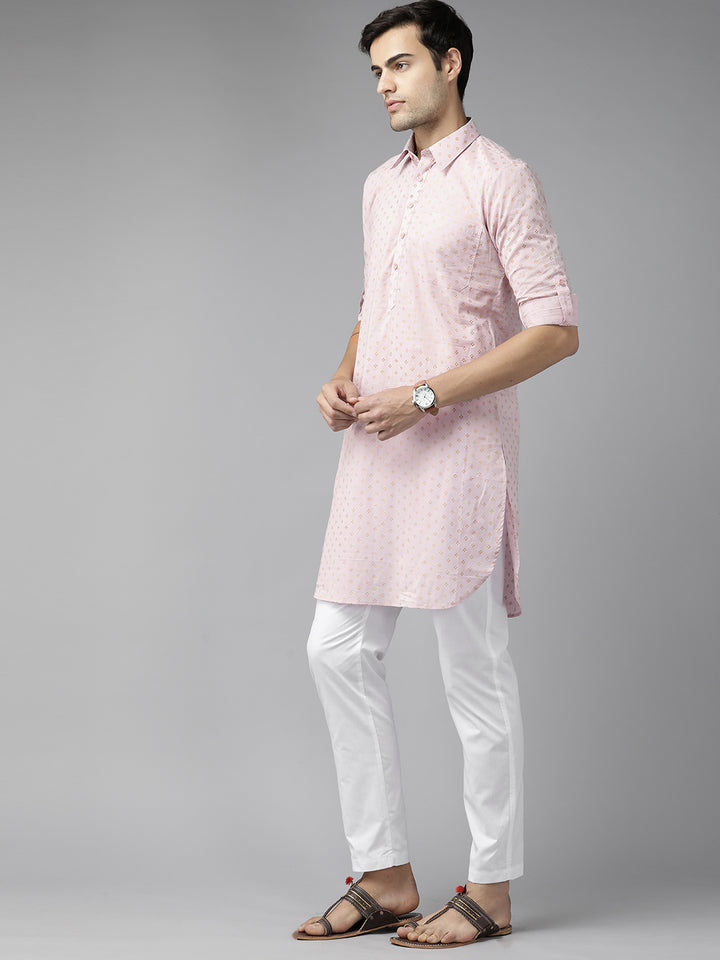 Men Baby Pink Regular Pure Cotton Pathani Kurta with white Salwar