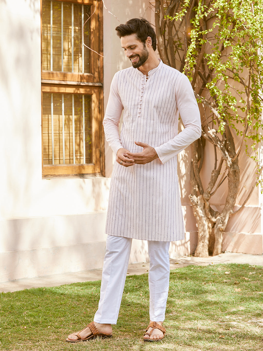 Thread & Sequin Worked Pure Cotton Straight Kurta with Pyjama